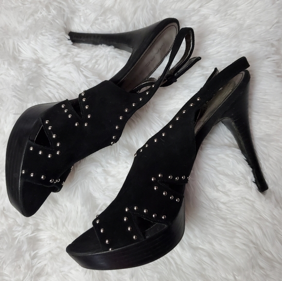 MARC FISCHER BLACK LEATHER SILVER STUDDED STILETTO - Picture 7 of 16